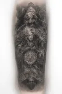 full tattoo sleeve grim reaper at the top, angry demon underneath, a broken clock and three skulls tattoo design idea