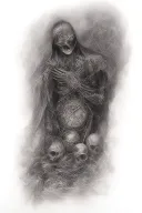 full tattoo sleeve grim reaper at the top, angry demon underneath, a broken clock and three skulls tattoo design idea