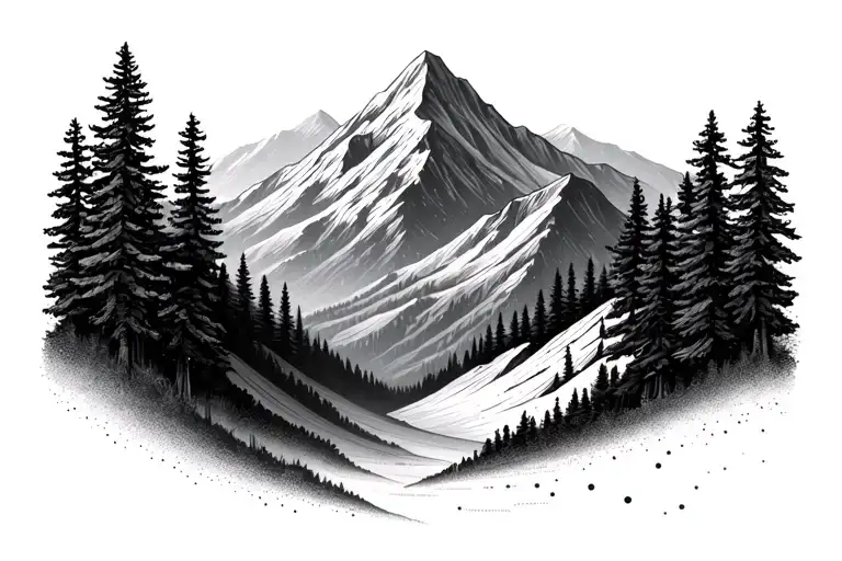 mountain range, trees, dotwork, minimalist tattoo design idea