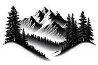 mountain range, trees, dotwork, minimalist tattoo design idea