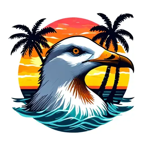 loud seagull head with palm trees colors sunset tattoo design idea
