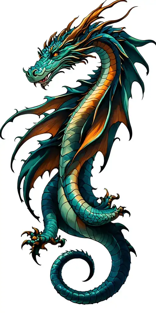 regal sea dragon, Long serpentine body, noble sideways head, spiraling downward with tail curled tightly like a bracelet tattoo design idea
