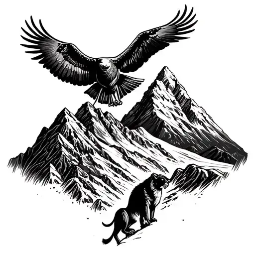 Inca trail winding through a mountain range with a condor perched on a peak and a mountain lion climbing tattoo design idea