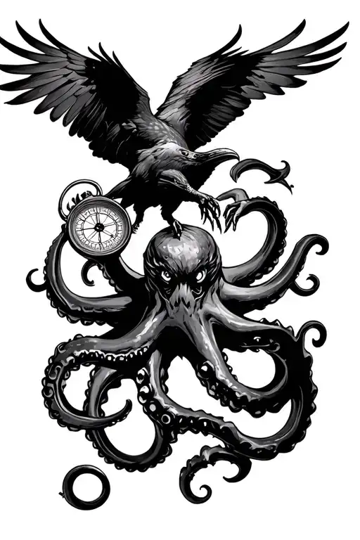 flying raven attacking a kraken holding a compass tattoo design idea