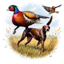 A German shorthaired pointer chasing a pheasant in a field tattoo design idea