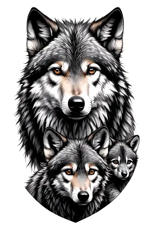 mother wolf with 4 baby cubs 1 cub being ontop of mothers head and other 3 close to the bottom of mother wolf tattoo design idea