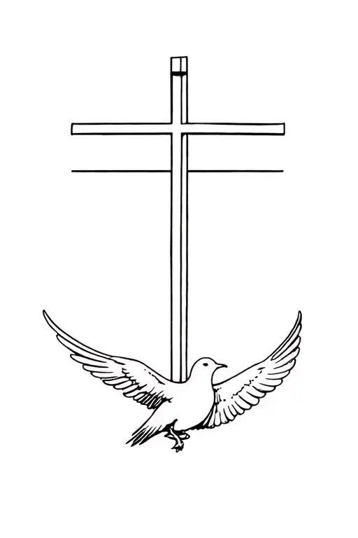 A CHRISTIAN CROSS IN STRAIGHT LINE AND IN FRONT OF A DOVE WHICH HAS ITS WINGS DEPLOYED tattoo design idea