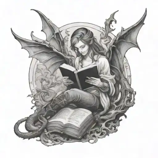 high fae reading a book with dragons in the background tattoo design idea