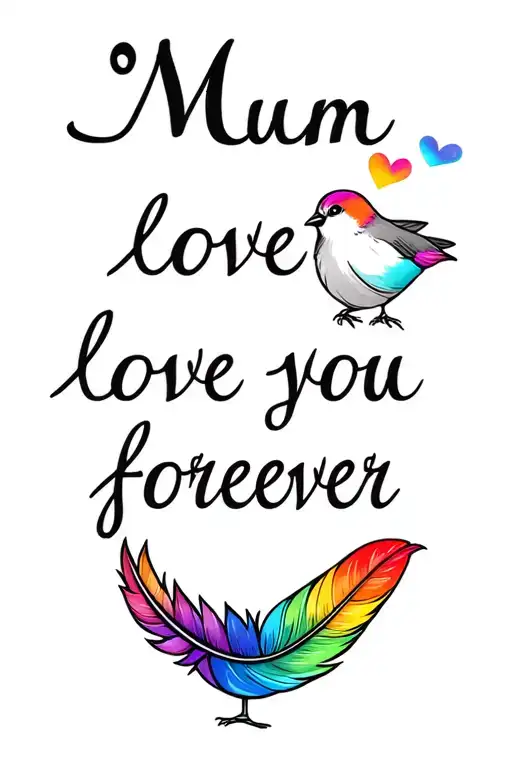 "Mum love you forever" "Mum love you forever" robin, rainbow feather transforming tattoo design idea