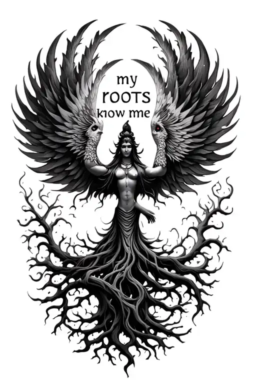 "my roots know me" Lord Shiva, Phoenix, Flowing vines, The Tree of Life, ENSO symbol tattoo design idea