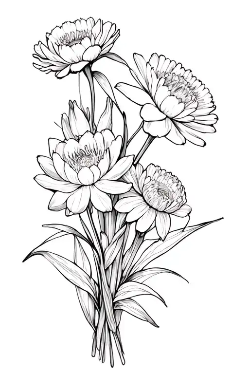 create me a bouquet with carnation daisywater lily narcissusdaffodil but only one of each and with long skinny stems tattoo design idea
