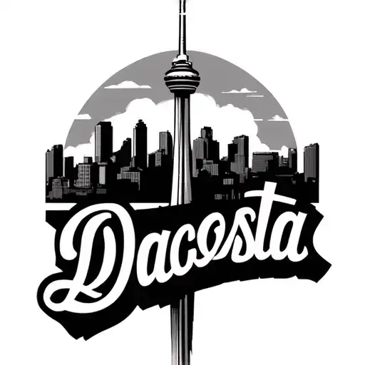 the name DaCosta in script  old English with the cn tower Toronto skyline written into it tattoo design idea