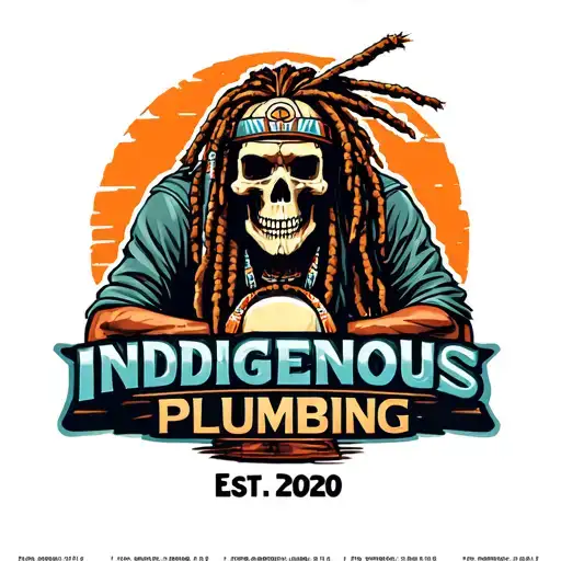 "INDIGENOUS PLUMBING EST.2020" skull dreadlock Native American warrior fixing a toilet tattoo design idea