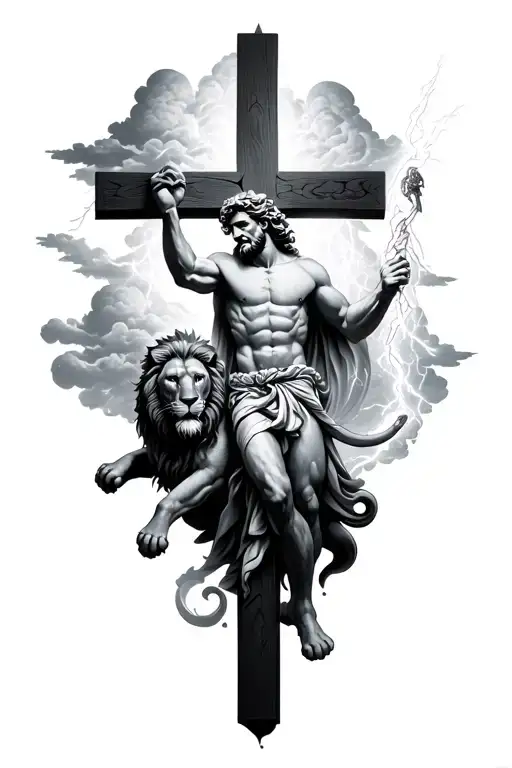 god in the cross with Zeus holding a lightning and clouds and a lion  tattoo design idea