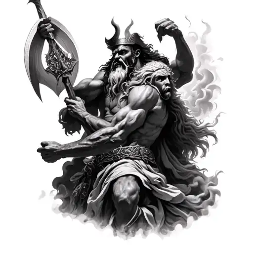 realistic, fine detail of odin in battle with zeus in black and grey scale tattoo design idea