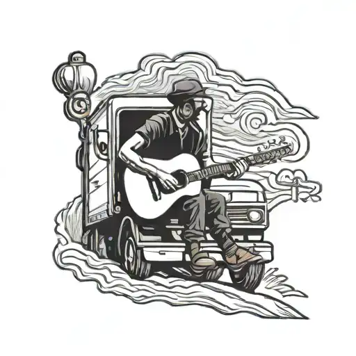 A truck driver silhouette playing a guitar on a winding road tattoo design idea