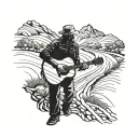 A truck driver silhouette playing a guitar on a winding road tattoo design idea