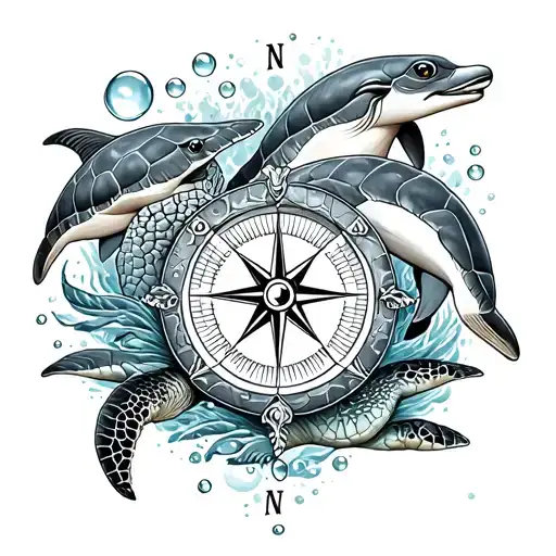 mermaid, compass, sea turtles, dolphins, compass, bubbles, tattoo design idea
