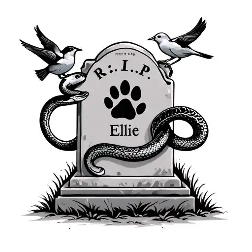 grave head with “R.I.P. Ellie” with a paw print on grave stone head. a snake wrapped around and two birds by either side tattoo design idea