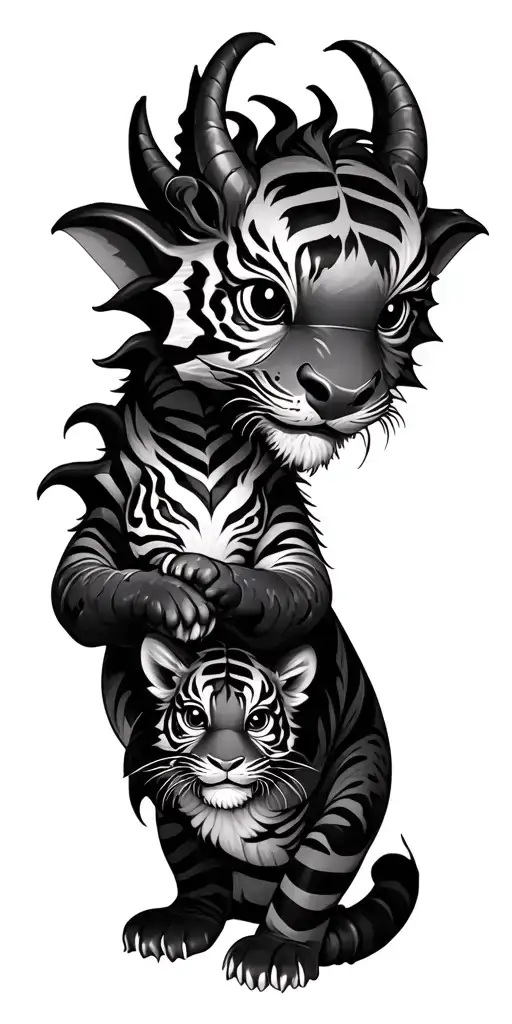 cute Baby Dragon with a tiger cub playing tattoo design idea