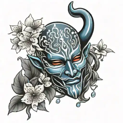 avatar blue spirit mask with cherry blossoms tattoo design idea
