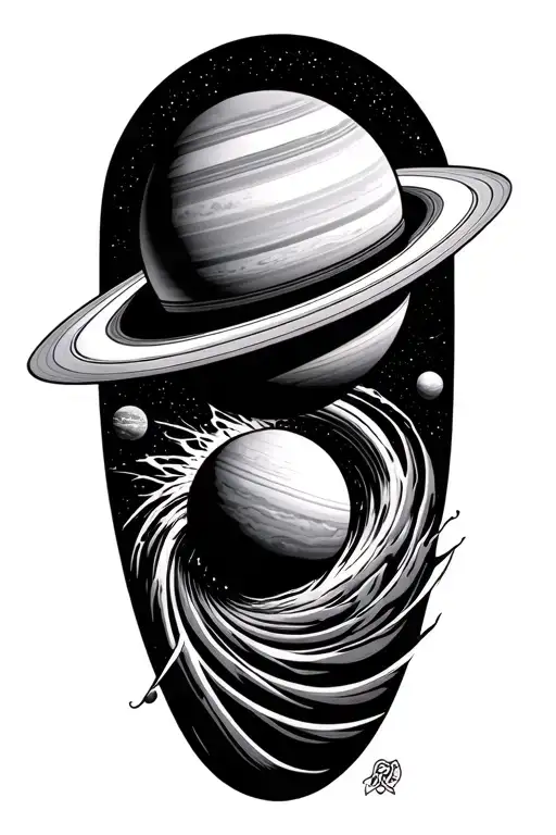 warlock solar system with saturn getting sucked inside of a vortex tattoo design idea