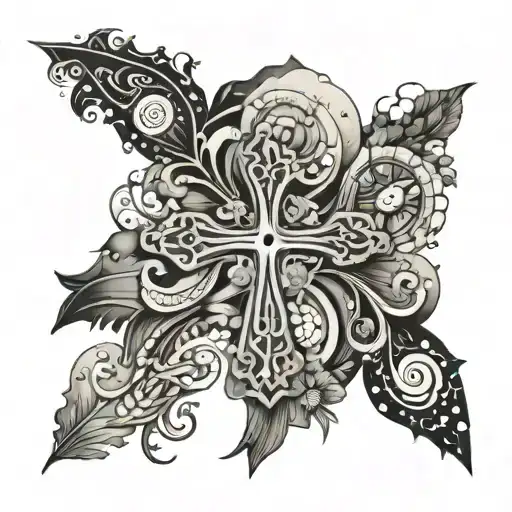 An abstract design combining the shape of a cross with elements of Azores Portugal's marine life or ocean views tattoo design idea