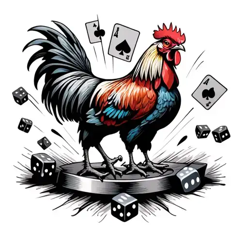 fighting roosters with dice and playing cards surrounding tattoo design idea