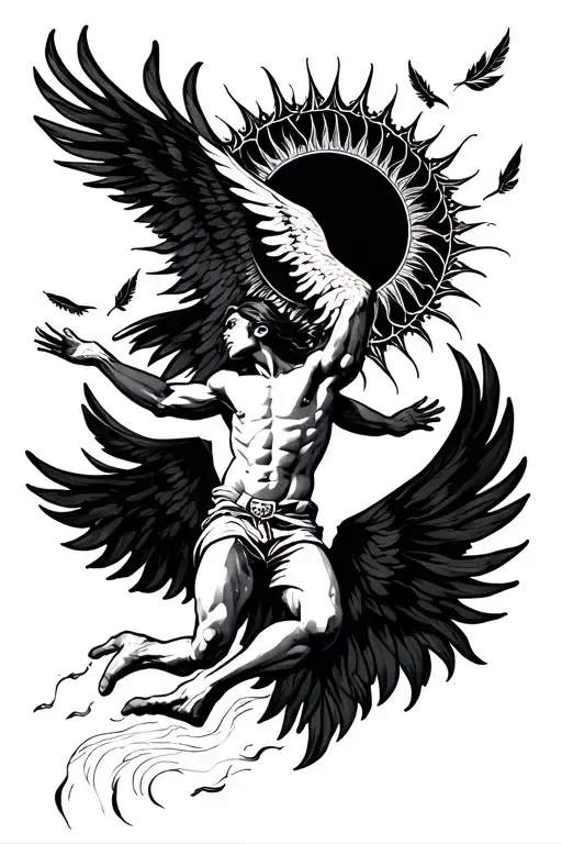 icurus falling from the sun, reaching for the sky with one hand as he falls and leaves a trail of feathers in the sky tattoo design idea