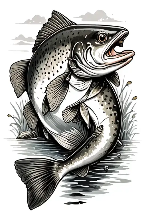 rainbow trout with fishing scene inside representing tattoo design idea