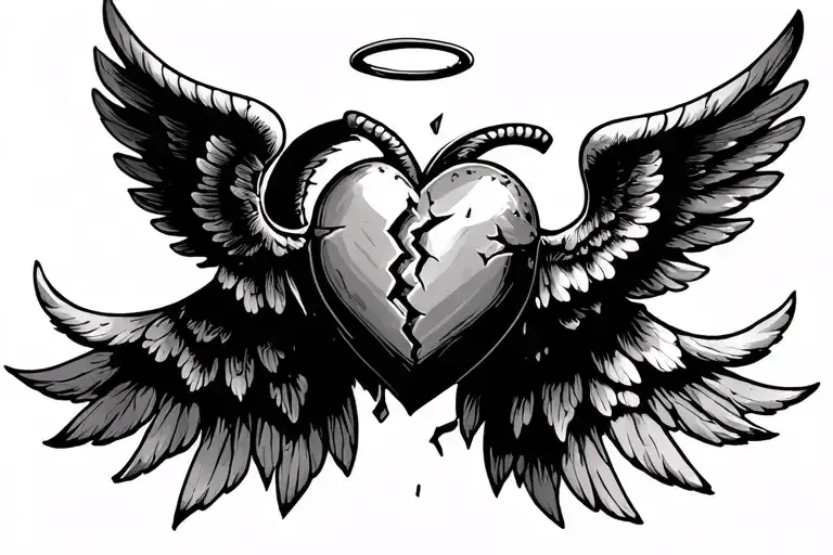 broken heart with wings and halo tattoo design idea