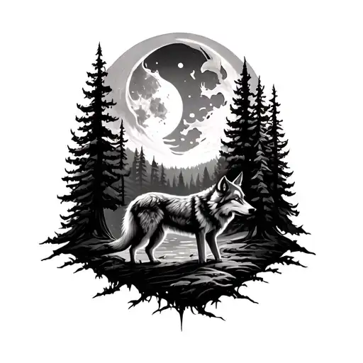 Forest with wolf and moon and tserne tattoo design idea