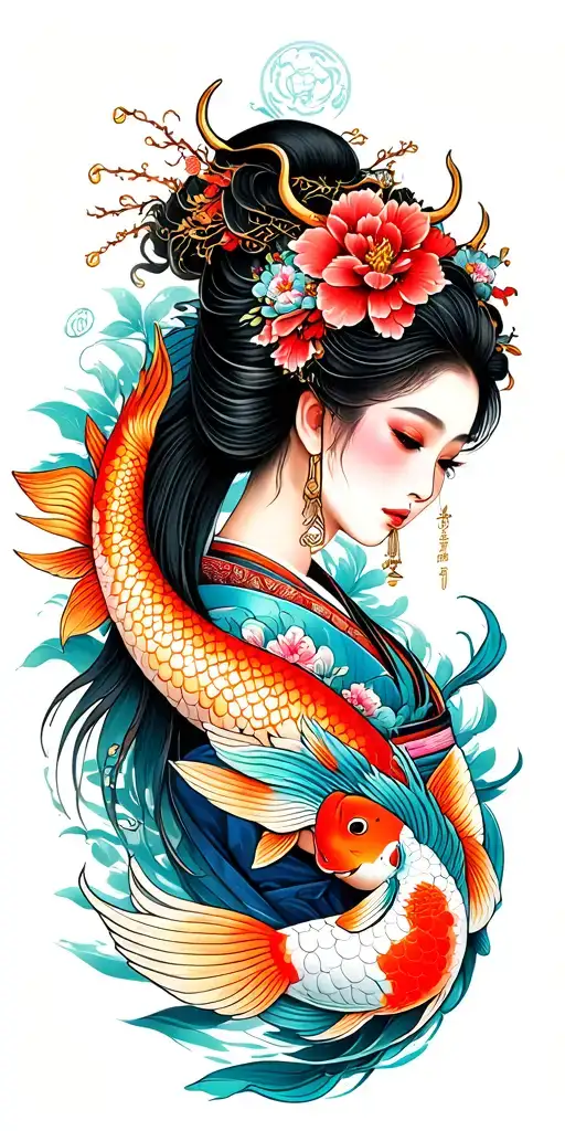 Japanese, dragon, geisha girl, koi carp Masonic symbols, bright colours, flowers, full colour tattoo design idea