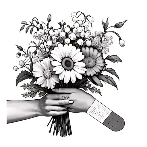 a bouquet of hawthorn, lily of the valley, sweet pea, daisy, carnation, and a snowdrop being held by a bandaid  tattoo design idea
