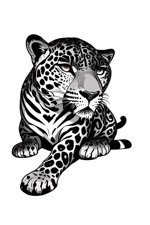 A very feminine jaguar, sitting, slim, front, with his head slightly facing his right side, with a strong look tattoo design idea