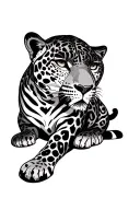 A very feminine jaguar, sitting, slim, front, with his head slightly facing his right side, with a strong look tattoo design idea
