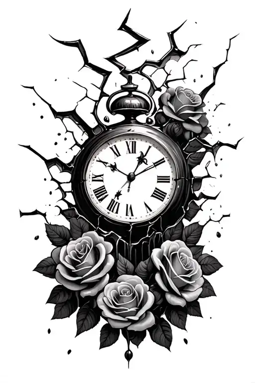 broken cracked clock melting with dying roses falling  tattoo design idea