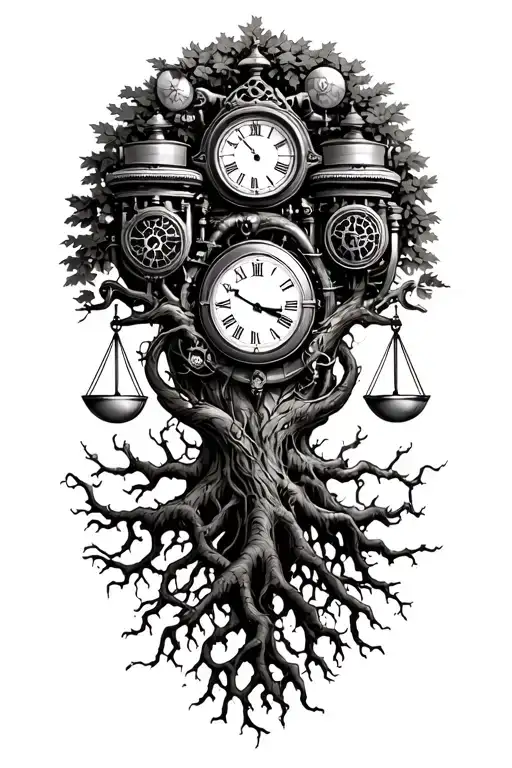 midevil tree of life with roots intertwined  with libra scales, v-twin engine and a old clock tattoo design idea