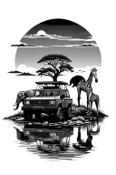 safari scenery with elephant, giraffe, zebra and tourist vehicle at water hole with sunset sky tattoo design idea