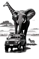 safari scenery with elephant, giraffe, zebra and tourist vehicle at water hole with sunset sky tattoo design idea