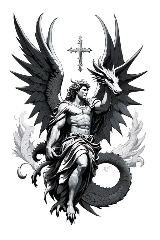 Saint Michael archangel dragon flying tattoo design idea