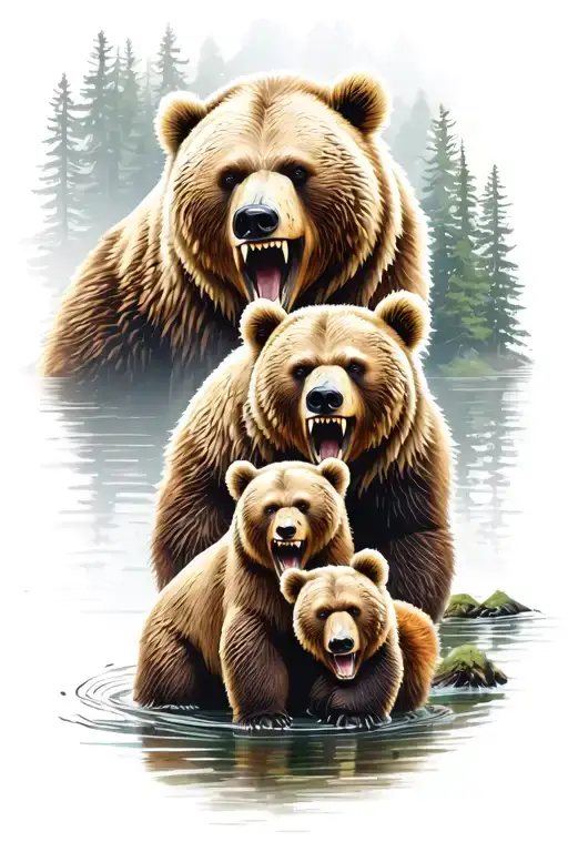 Bear family with 3 children, father roars with teeth, background forest with lake tattoo design idea