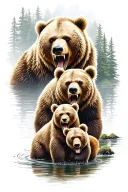 Bear family with 3 children, father roars with teeth, background forest with lake tattoo design idea