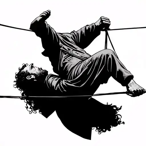 a tightrope walker seen from the front, balancing on a wire, symbolising balance on rationality and madness, minimalist tattoo design idea