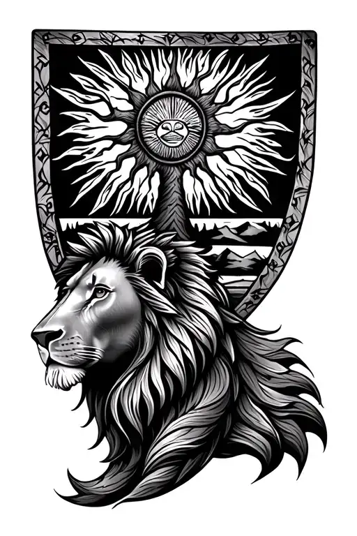 Kenyan Masai shield, lion head, sun, tree, symbol for family tattoo design idea