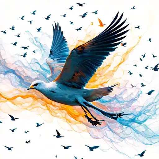 flock of birds in free flight dissolving into abstract lines, symbol of surrender, courage and limitless trust tattoo design idea