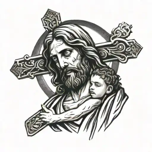 Jesus, cross, and son of god holding tattoo design idea
