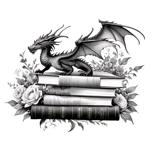 stack of books surrounded by florals and dragons flying tattoo design idea