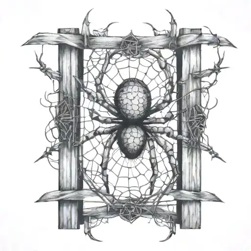 An abstract representation of a spider intertwined with cybersigilism symbols on a fence tattoo design idea