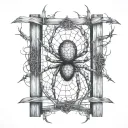 An abstract representation of a spider intertwined with cybersigilism symbols on a fence tattoo design idea